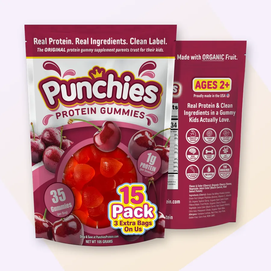 Best protein gummies for kids: Punchies cherry protein gummies, 15-bag pack
