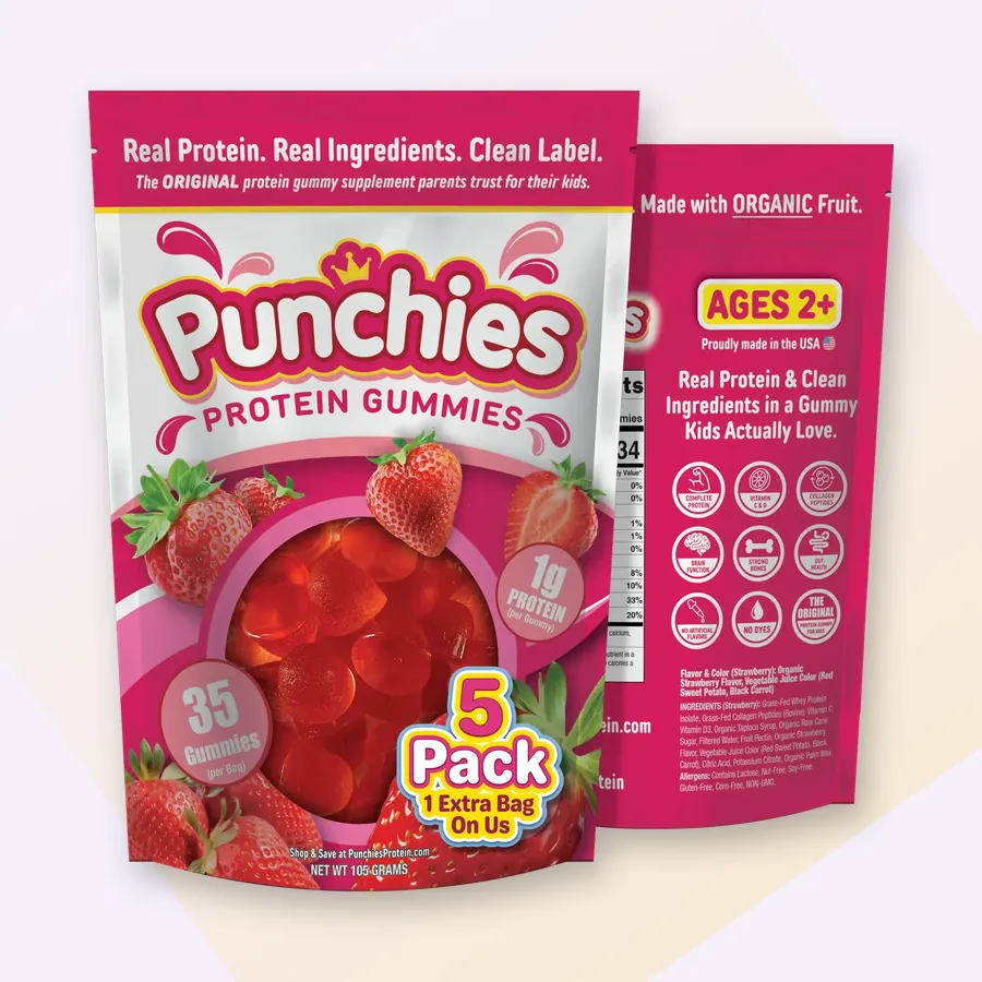 Best protein gummies for kids: Punchies strawberry protein gummies, 5-bag pack