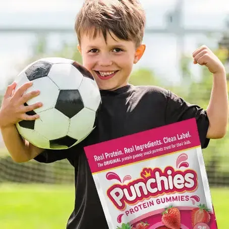 Best protein gummies for kids: a boy with a soccer ball and Punchies protein gummies
