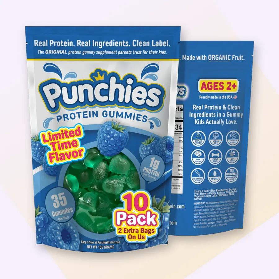 Best protein gummies for kids: Punchies blue raspberry (limited flavor) protein gummies, 10-bag pack